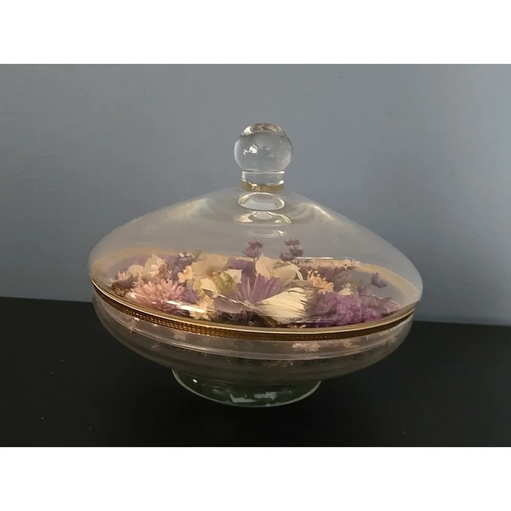Vintge Apothecary Round Dome Dish Display w Lid Terrarium‎ Floral Dried Flowers